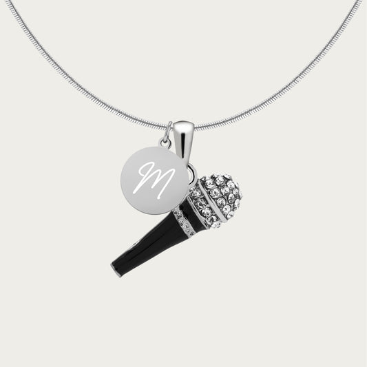 Personalized Retro Microphone Pendant & Engraved Charm Necklace