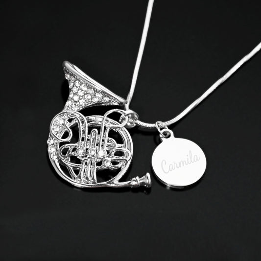 Personalized French Horn Pendant & Engraved Charm Necklace
