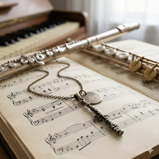 Antique Bronze Rhinestone Flute Necklace with Engraved Coin