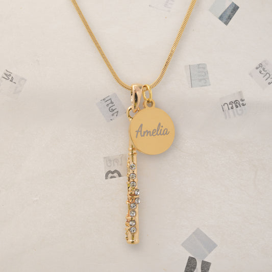 Personalized Rhinestone Flute & Engraved Coin Charm Necklace