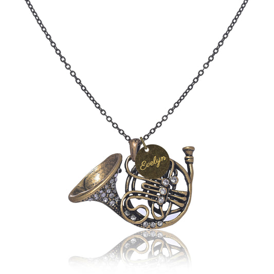 Antique Bronze French Horn Necklace with Engraved Coin