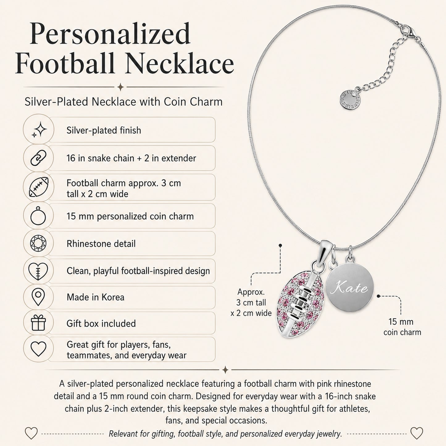 Personalized Football Necklace with Coin Charm
