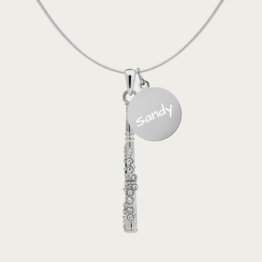 Personalized Rhinestone Flute & Engraved Coin Charm Necklace