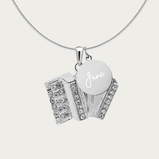Personalized Rhinestone Accordion Pendant & Engraved Charm Necklace