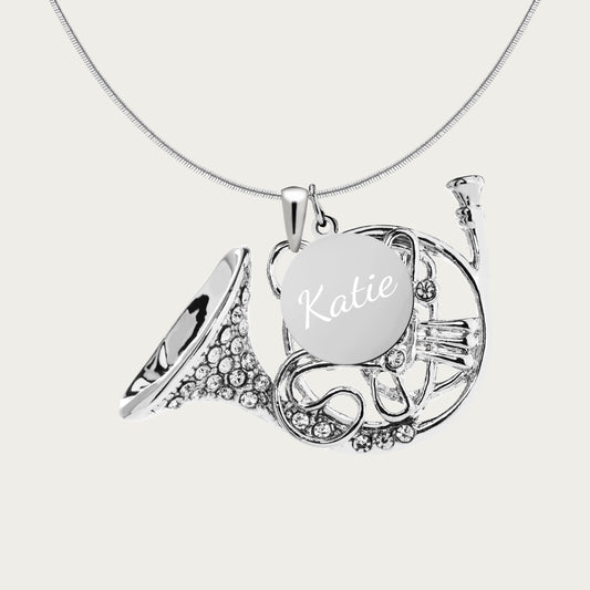 Personalized French Horn Pendant & Engraved Charm Necklace