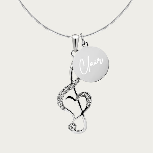 Personalized Rhinestone Music Note Clef Pendant & Engraved Charm Necklace