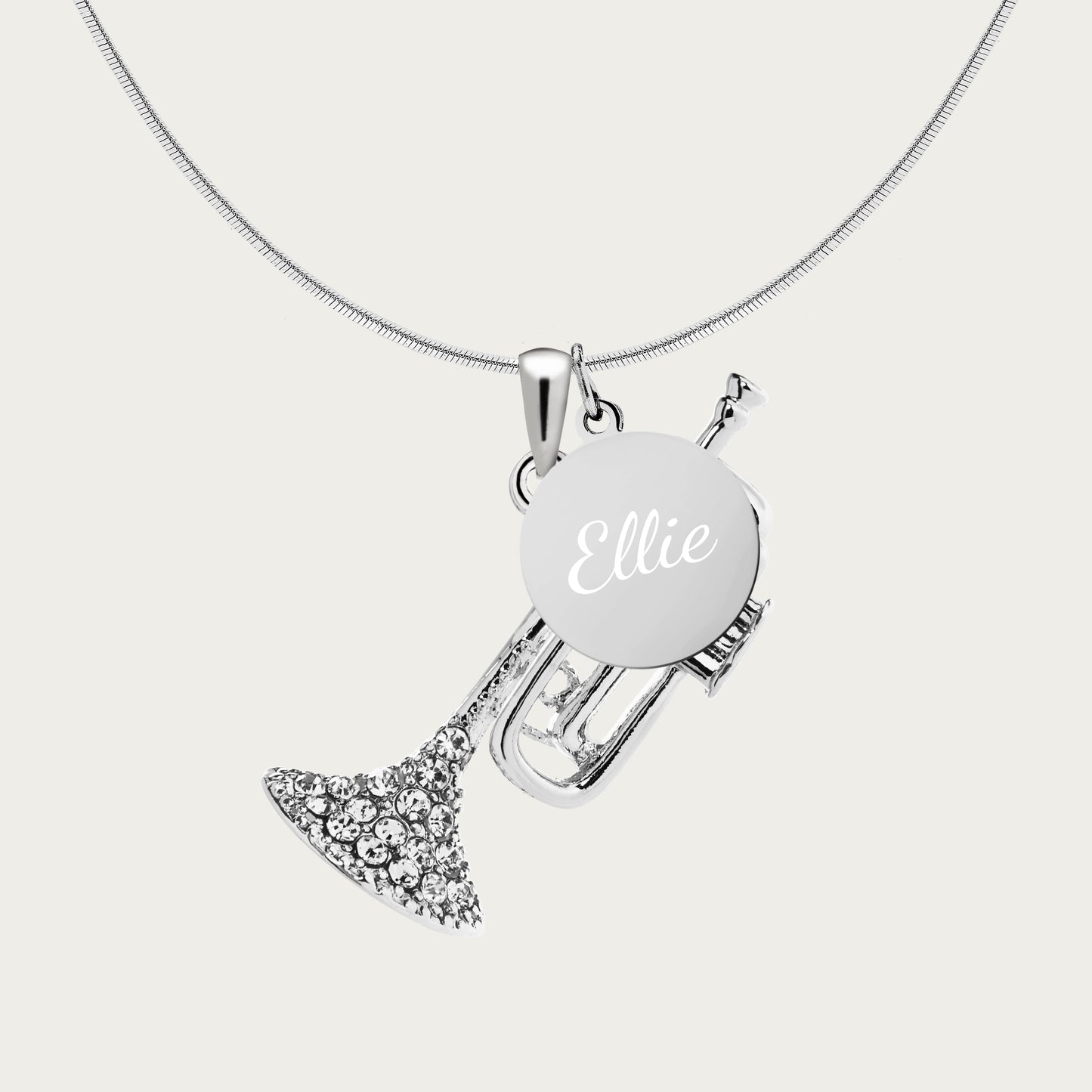 Personalized Rhinestone Trumpet Pendant & Engraved Charm Necklace