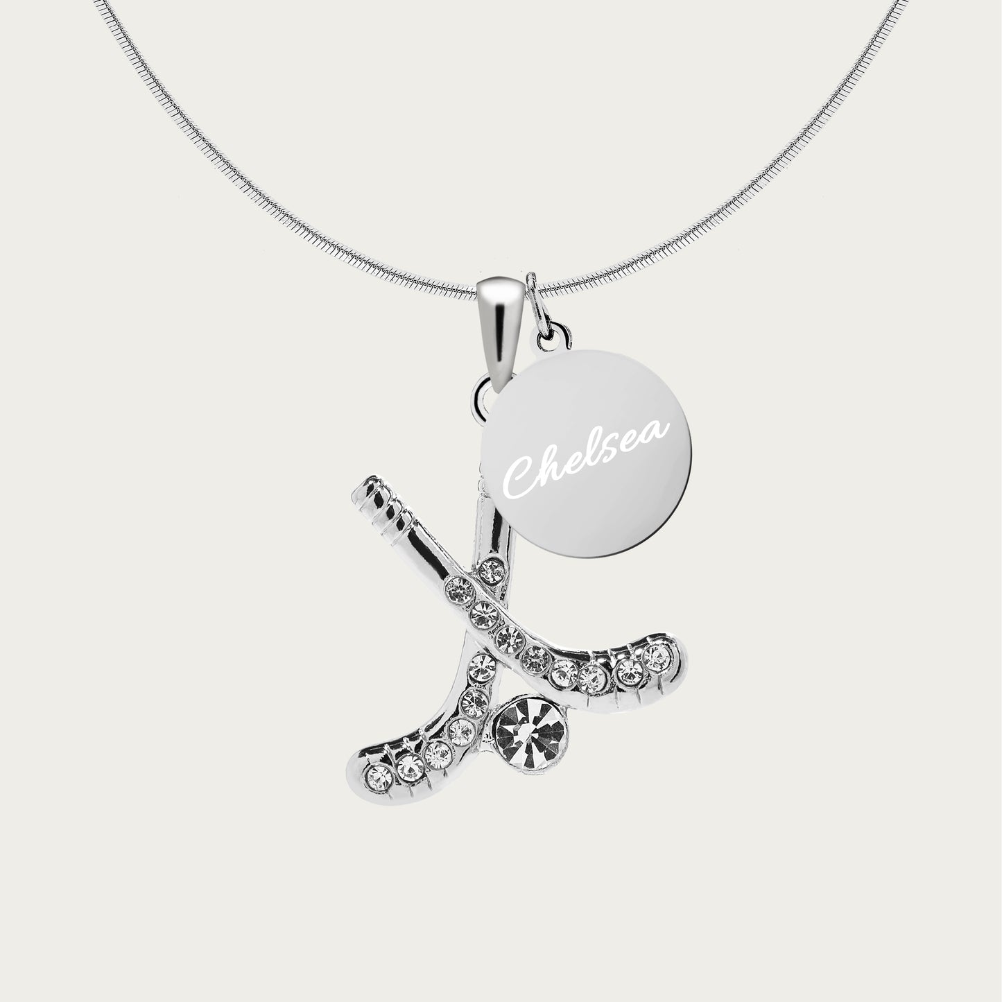 Personalized Rhinestone Field Hockey Necklace with Coin Charm