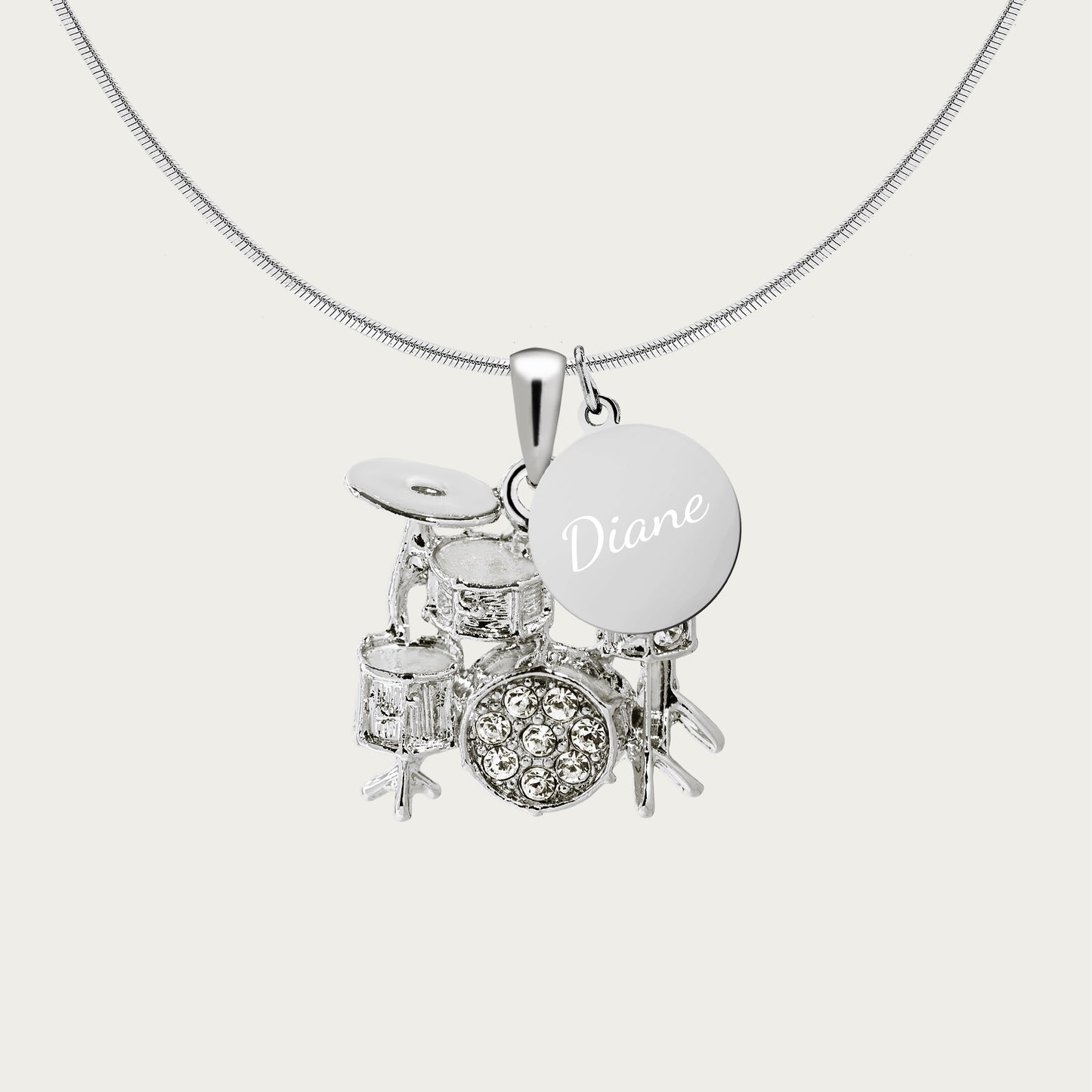 Personalized Rhinestone 3D Drum Set Pendant & Engraved Charm Necklace