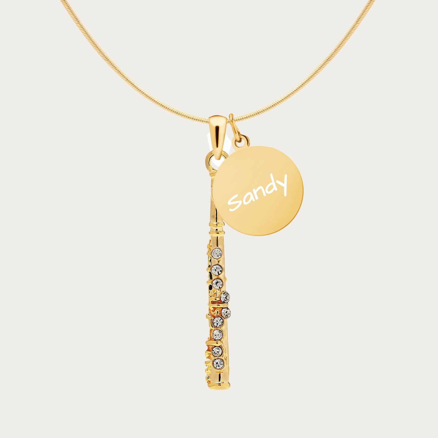 Personalized Rhinestone Flute & Engraved Coin Charm Necklace