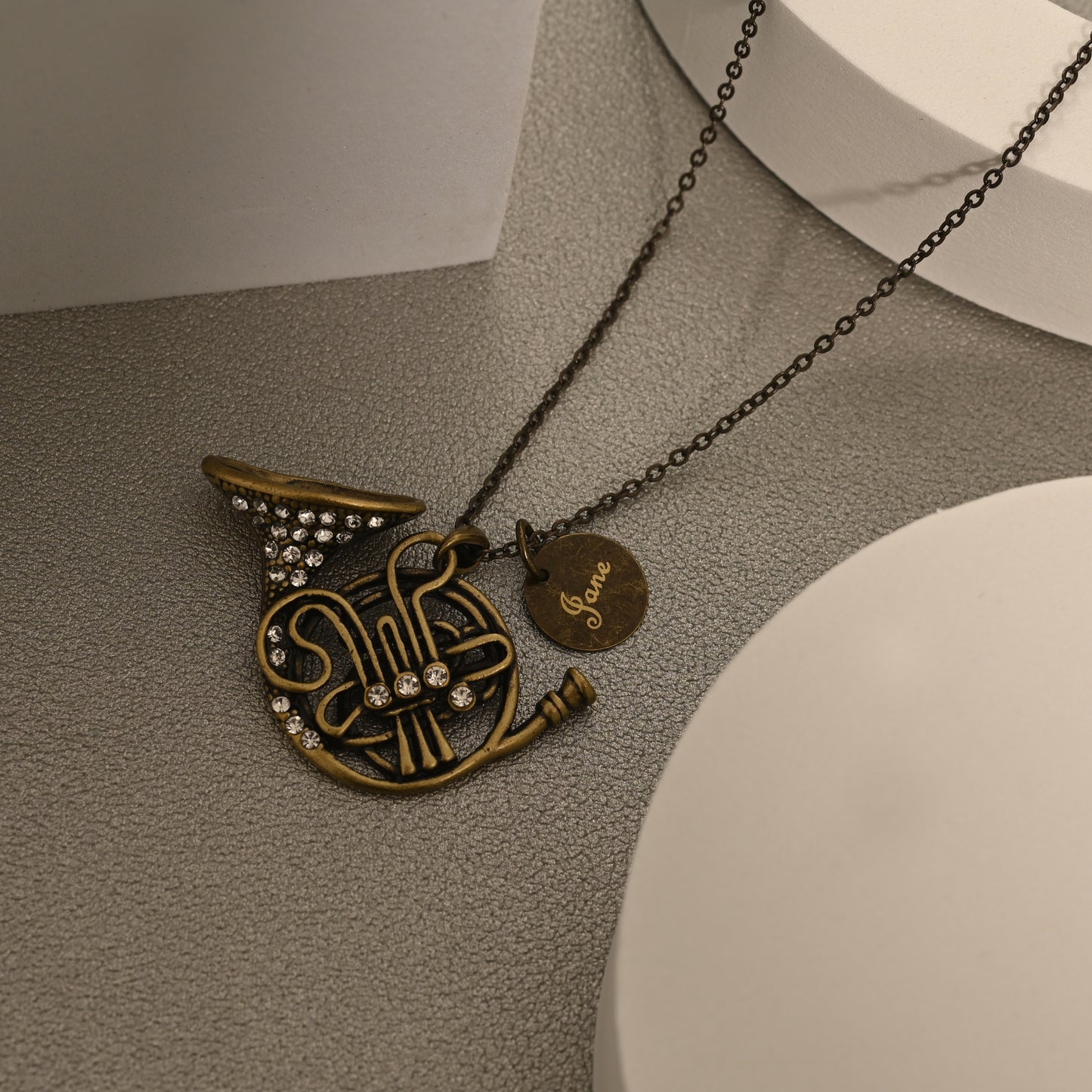 Antique Bronze French Horn Necklace with Engraved Coin