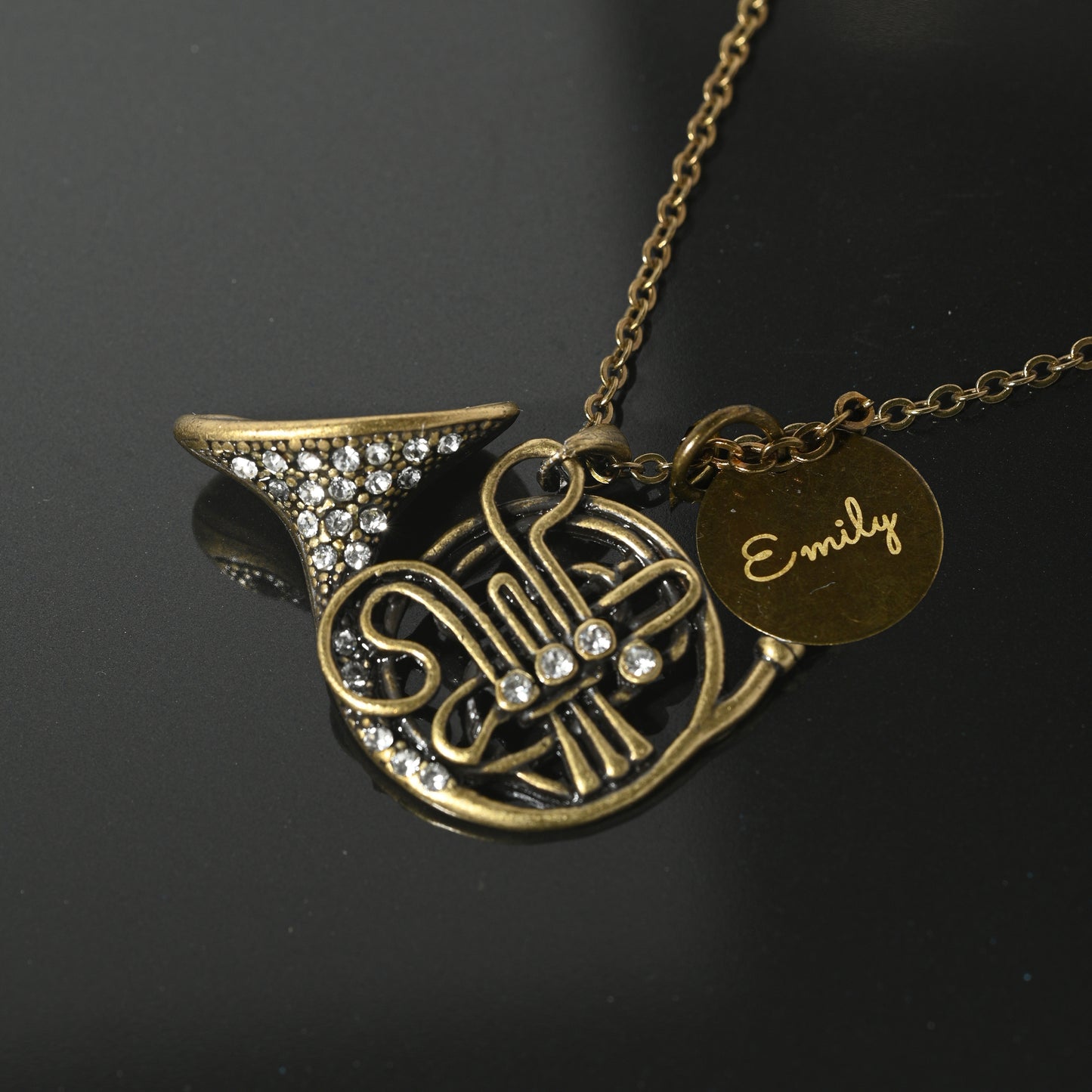 Antique Bronze French Horn Necklace with Engraved Coin