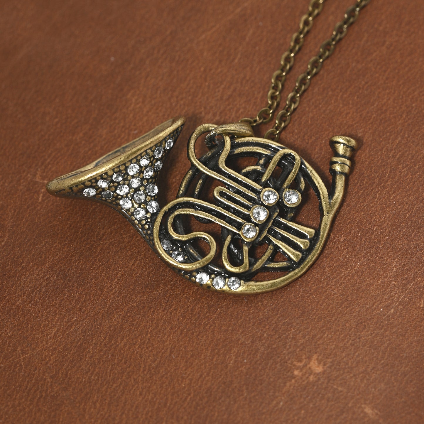 Antique Bronze French Horn Necklace with Engraved Coin