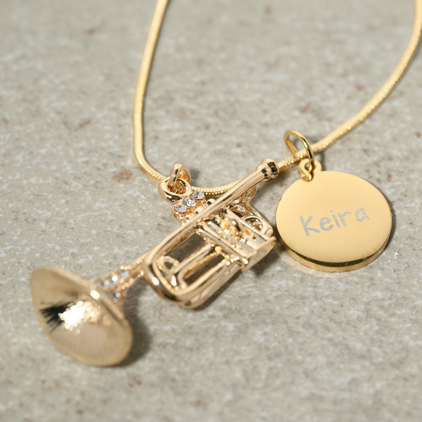 Personalized Rhinestone Trumpet Pendant & Engraved Charm Necklace