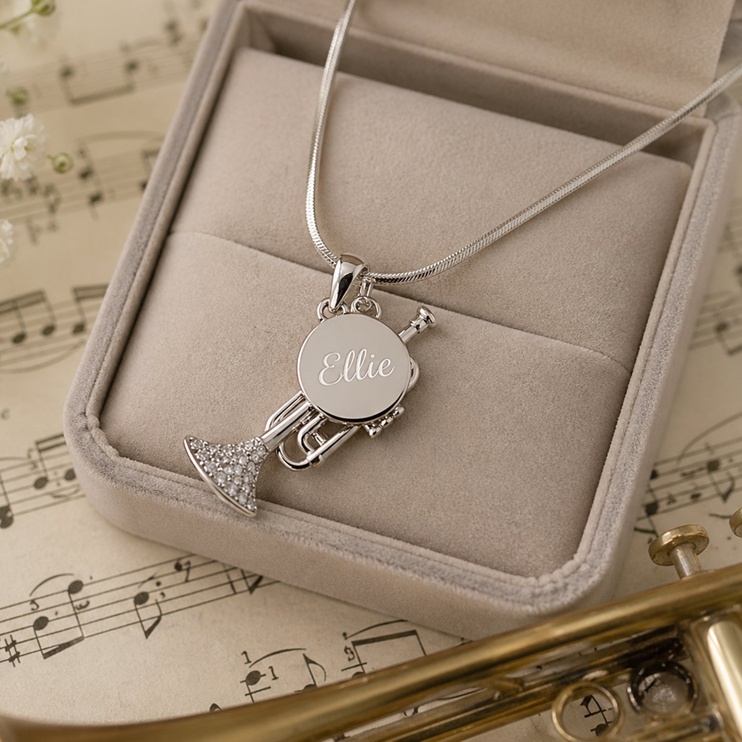 Personalized Rhinestone Trumpet Pendant & Engraved Charm Necklace