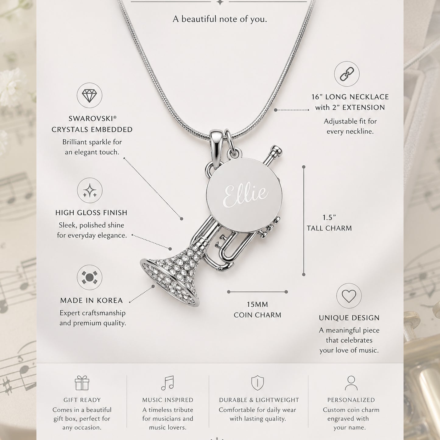 Personalized Rhinestone Trumpet Pendant & Engraved Charm Necklace