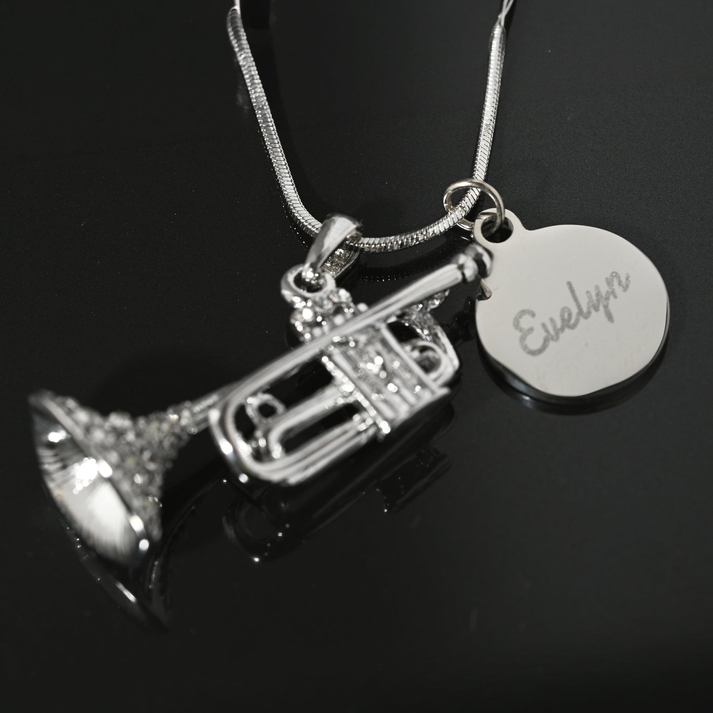 Personalized Rhinestone Trumpet Pendant & Engraved Charm Necklace