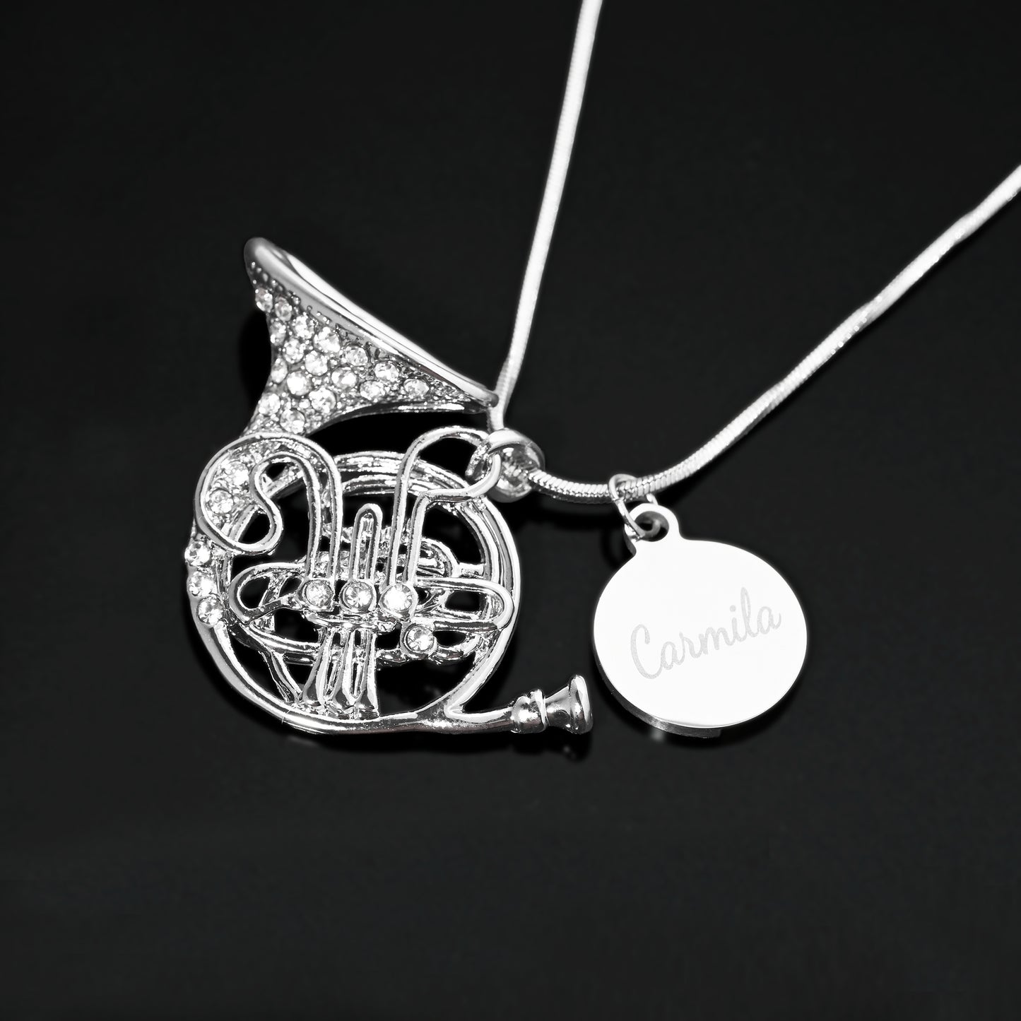 Personalized French Horn Pendant & Engraved Charm Necklace