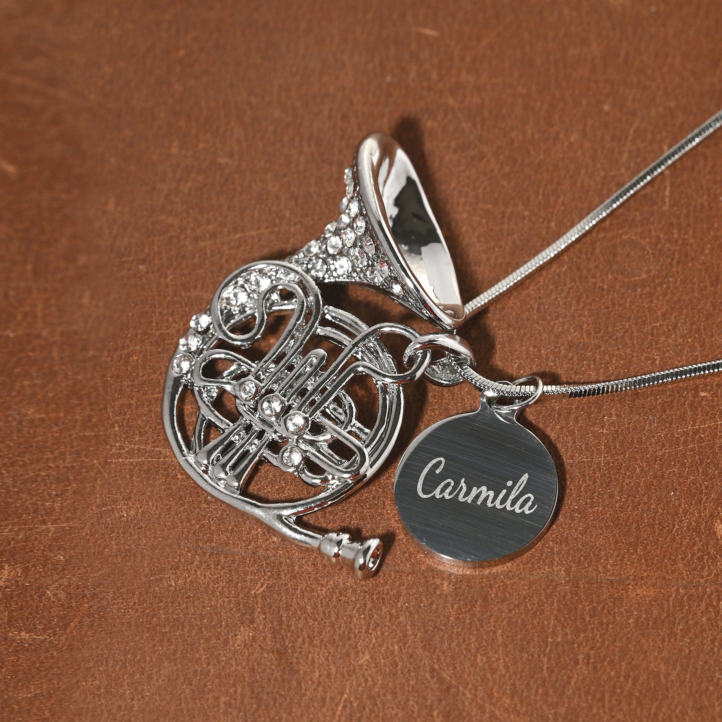 Personalized French Horn Pendant & Engraved Charm Necklace