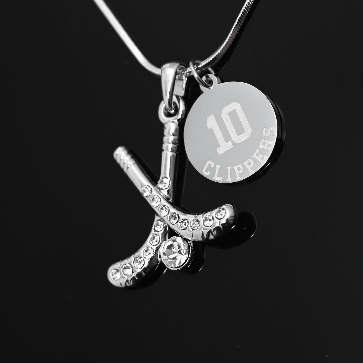 Personalized Rhinestone Field Hockey Necklace with Coin Charm
