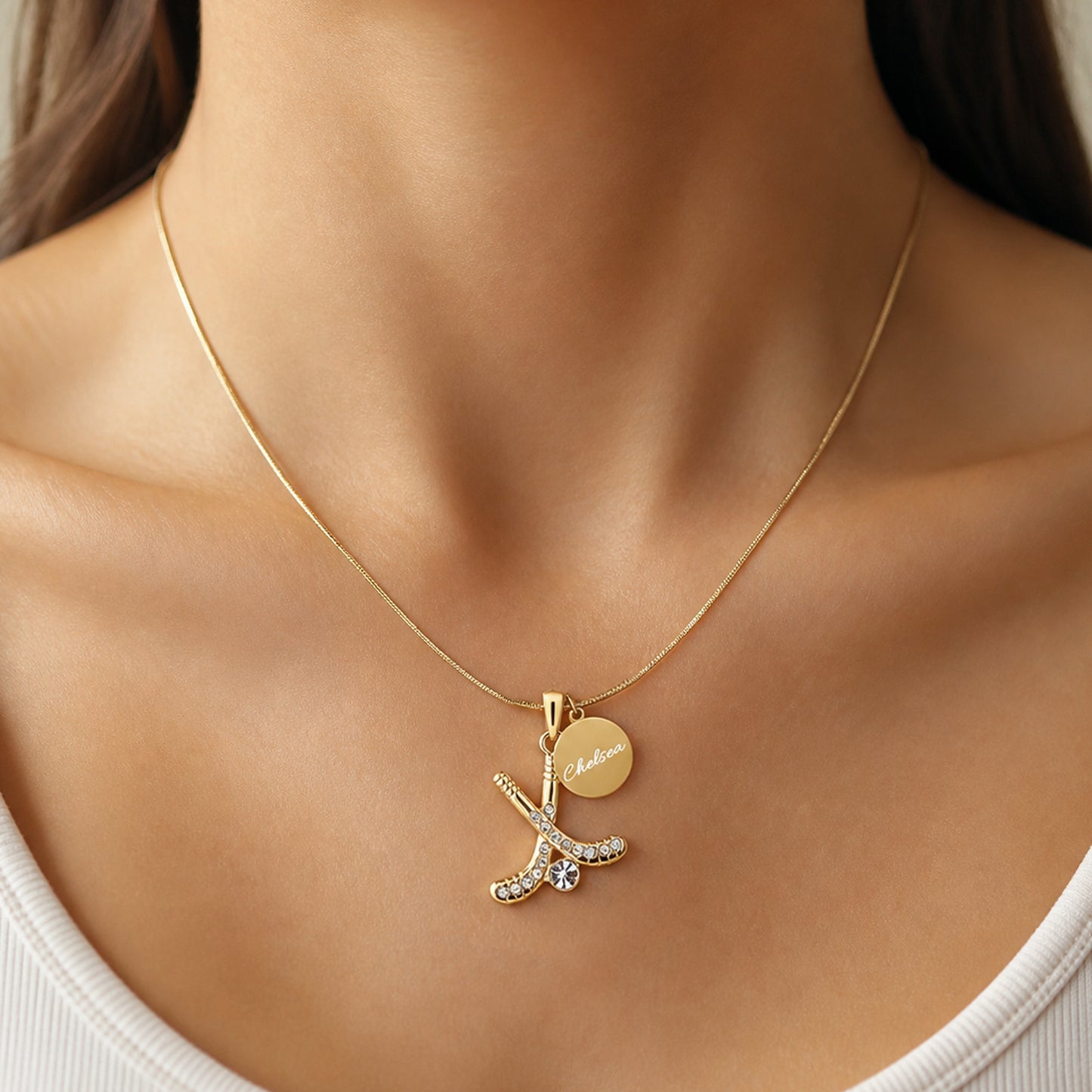 Personalized Rhinestone Field Hockey Necklace with Coin Charm