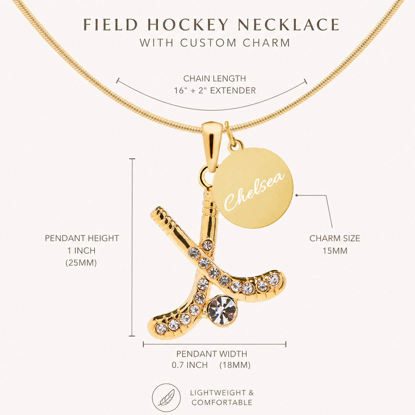 Personalized Rhinestone Field Hockey Necklace with Coin Charm
