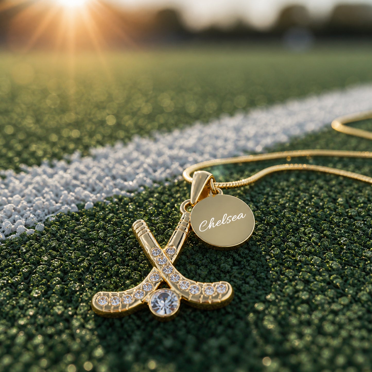 Personalized Rhinestone Field Hockey Necklace with Coin Charm