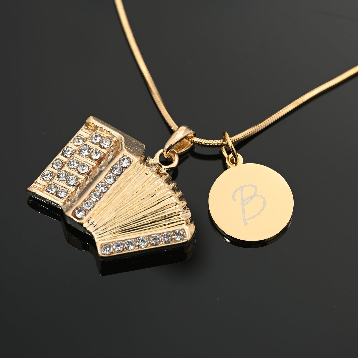 Personalized Rhinestone Accordion Pendant & Engraved Charm Necklace