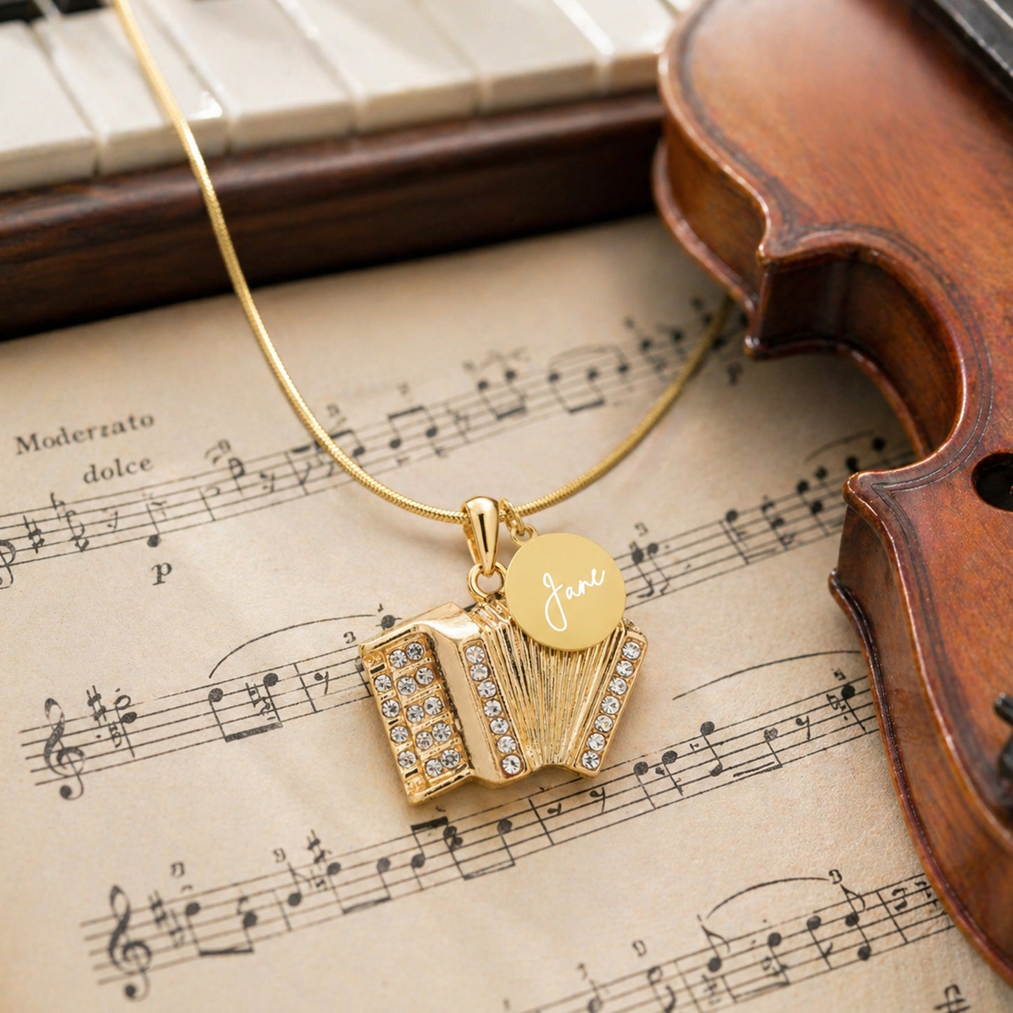 Personalized Rhinestone Accordion Pendant & Engraved Charm Necklace