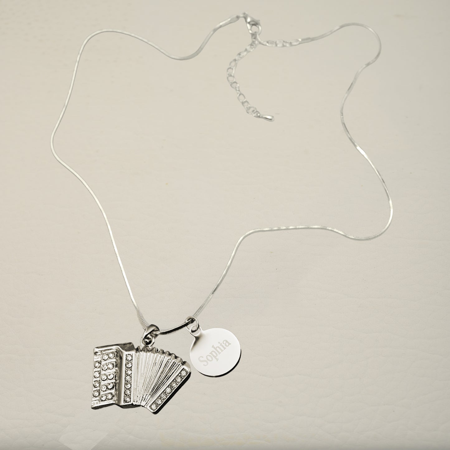 Personalized Rhinestone Accordion Pendant & Engraved Charm Necklace