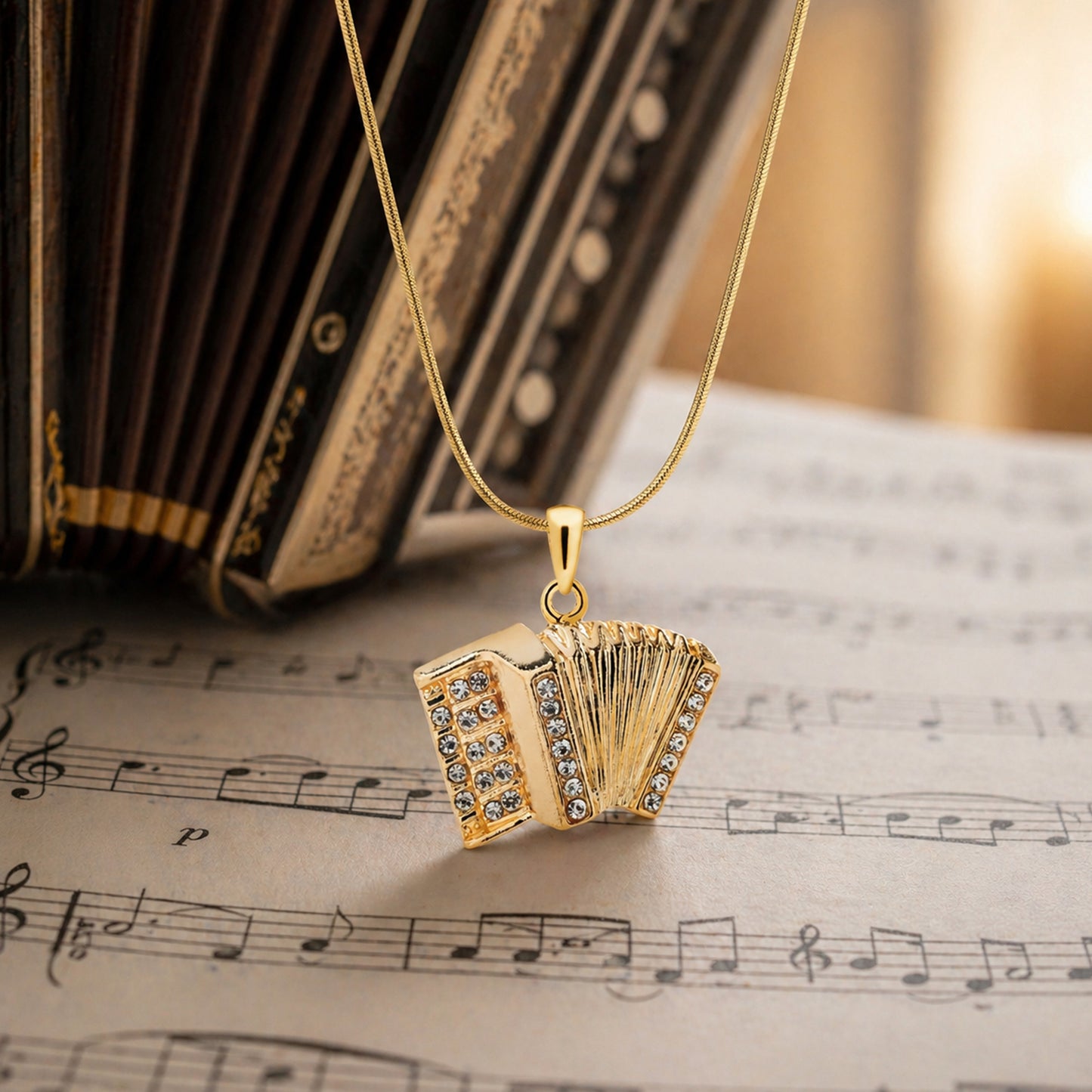 Personalized Rhinestone Accordion Pendant & Engraved Charm Necklace