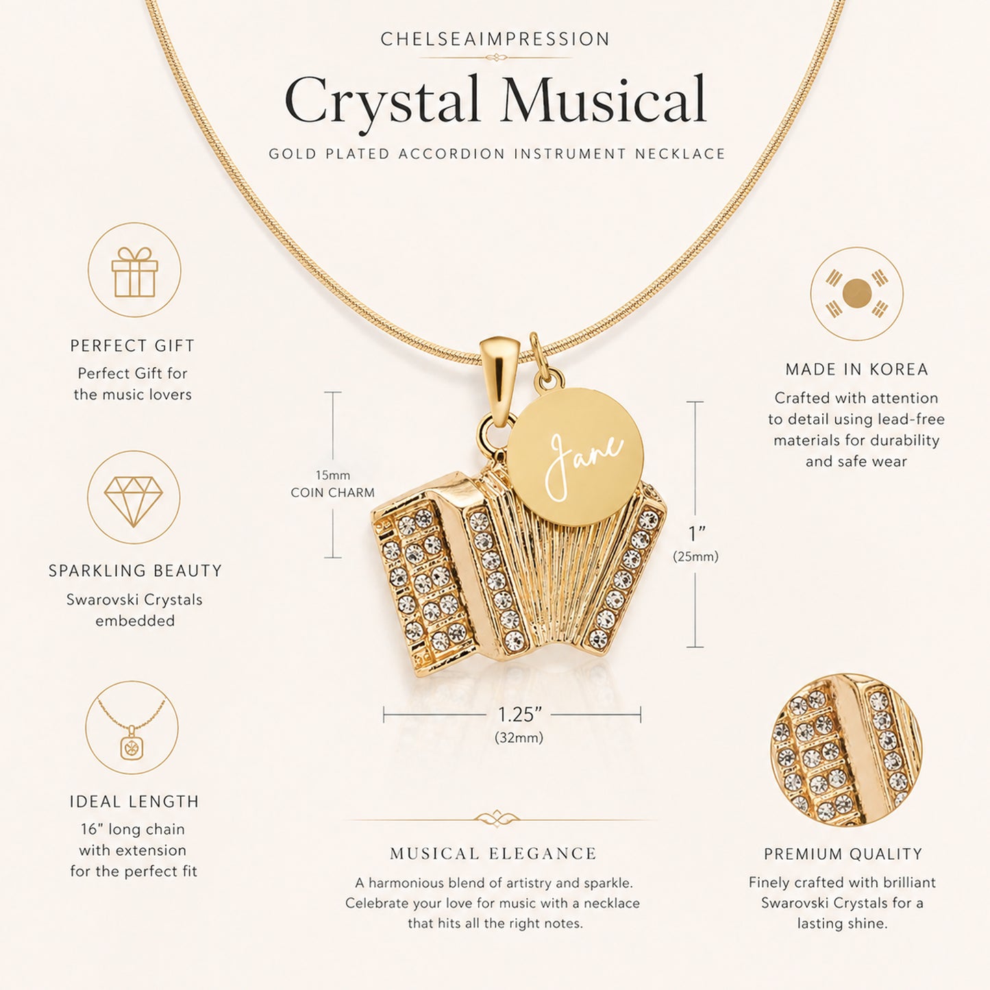 Personalized Rhinestone Accordion Pendant & Engraved Charm Necklace