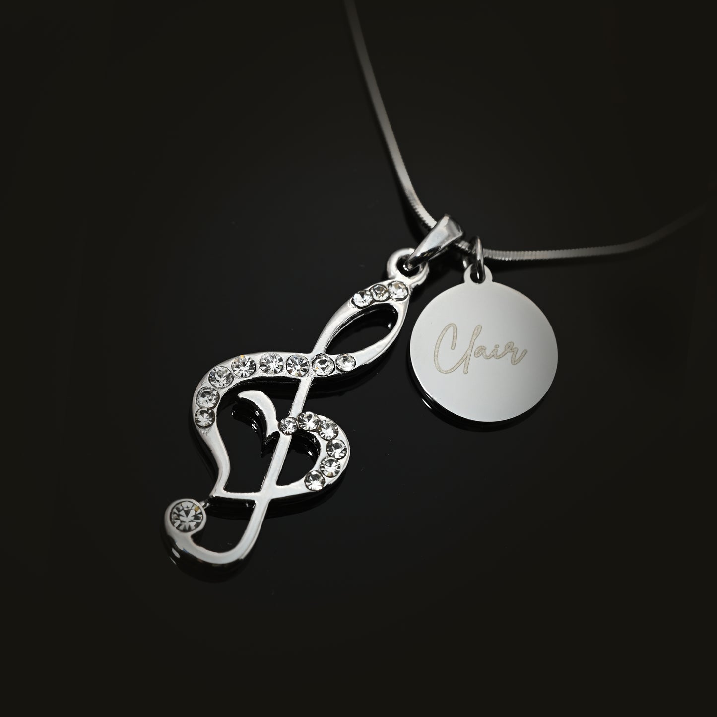 Personalized Rhinestone Music Note Clef Pendant & Engraved Charm Necklace
