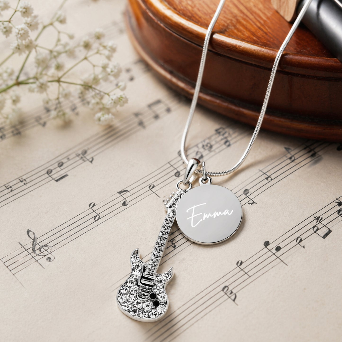 Personalized Guitar Pendant & Engraved Charm Necklace