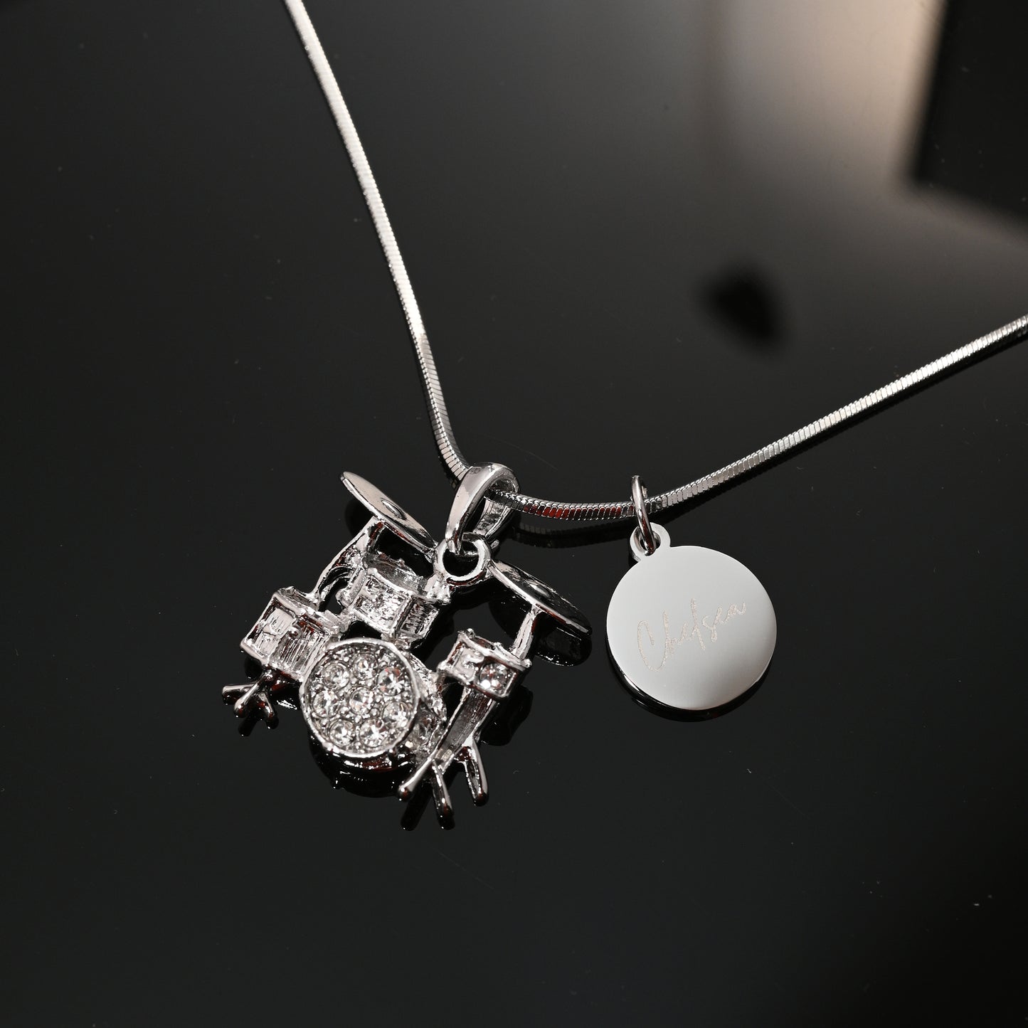 Personalized Rhinestone 3D Drum Set Pendant & Engraved Charm Necklace