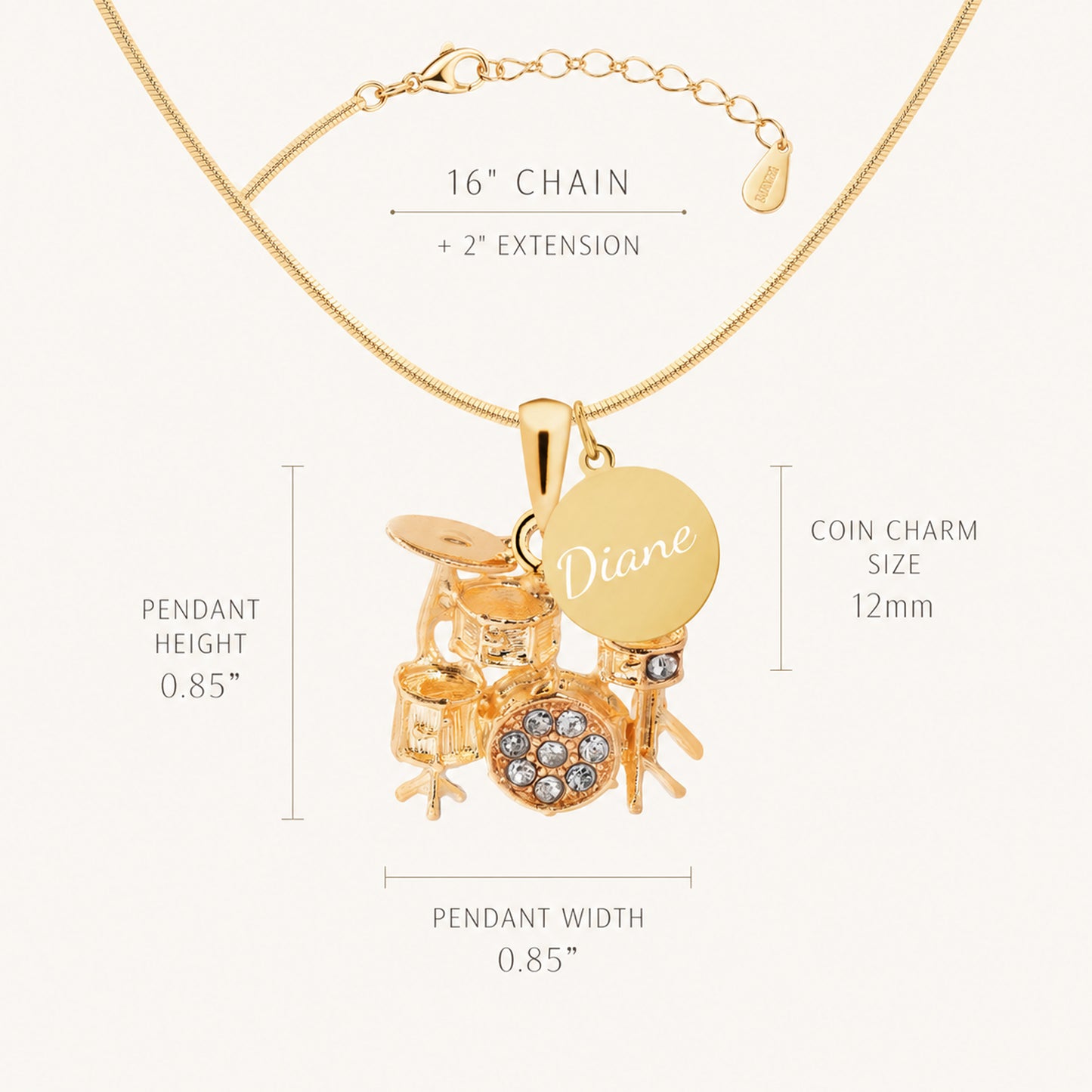 Personalized Rhinestone 3D Drum Set Pendant & Engraved Charm Necklace