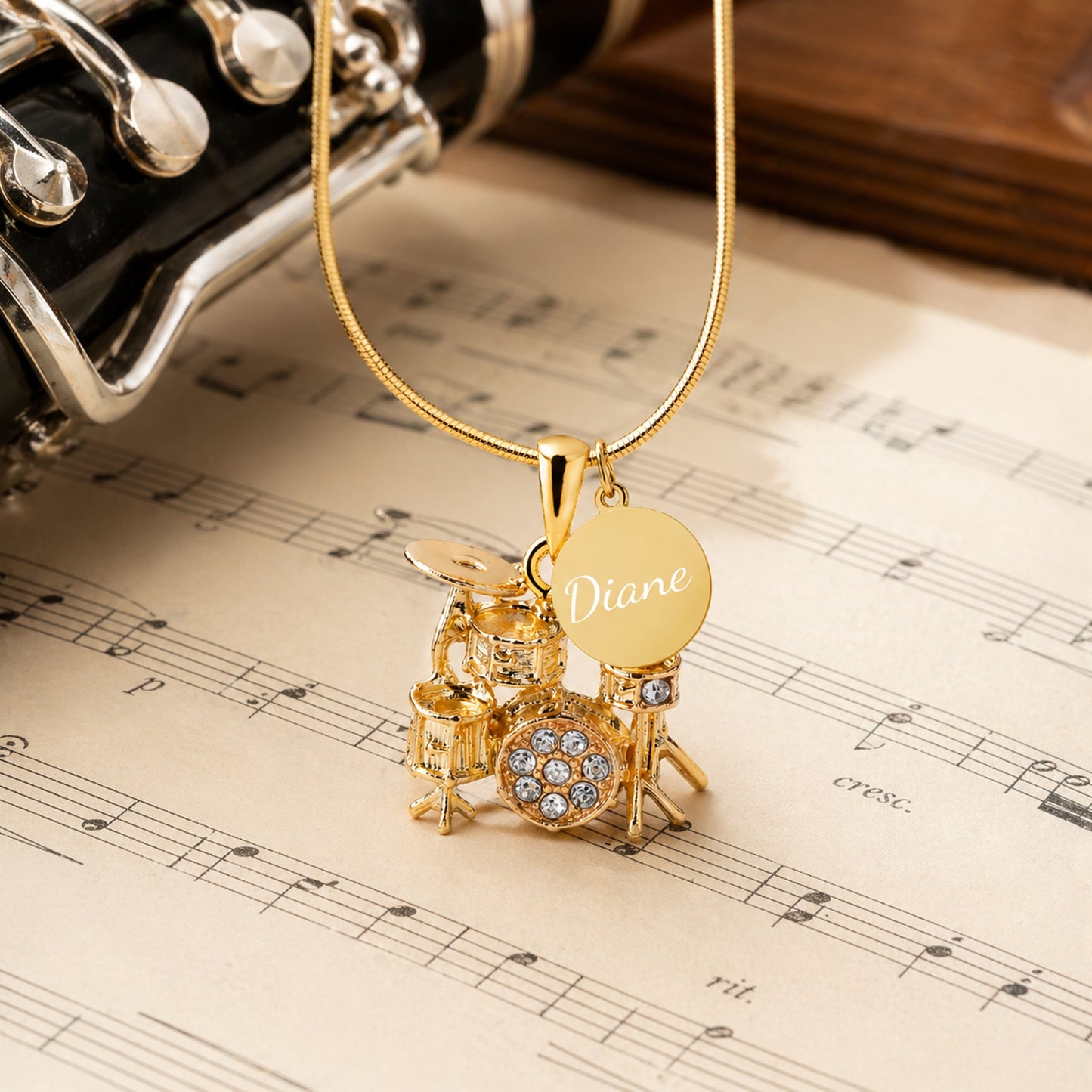 Personalized Rhinestone 3D Drum Set Pendant & Engraved Charm Necklace