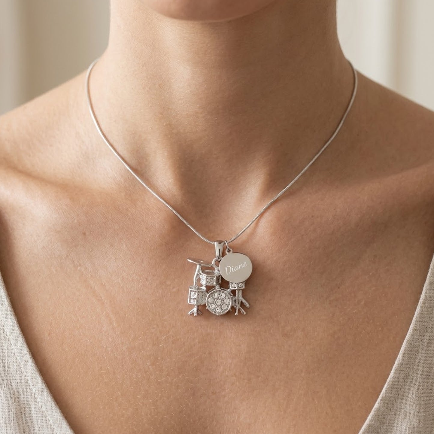 Personalized Rhinestone 3D Drum Set Pendant & Engraved Charm Necklace