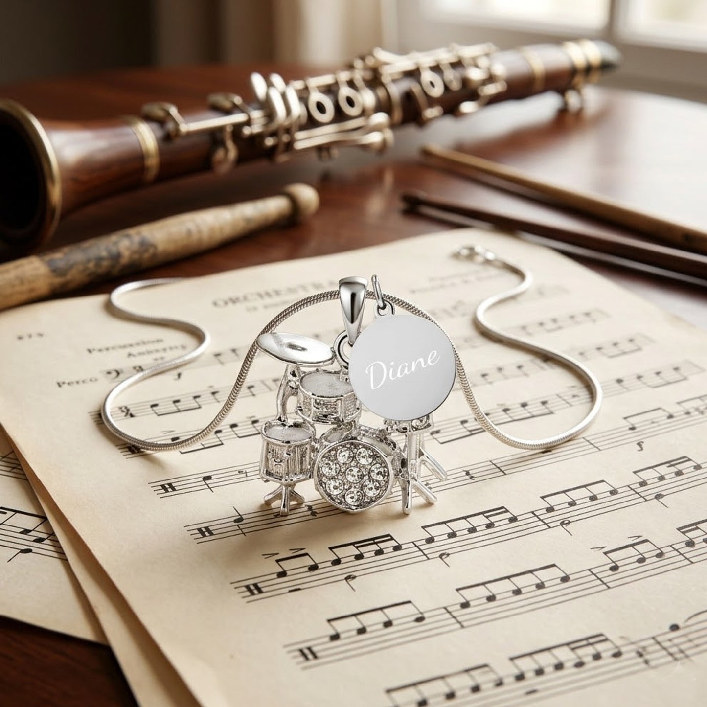 Personalized Rhinestone 3D Drum Set Pendant & Engraved Charm Necklace