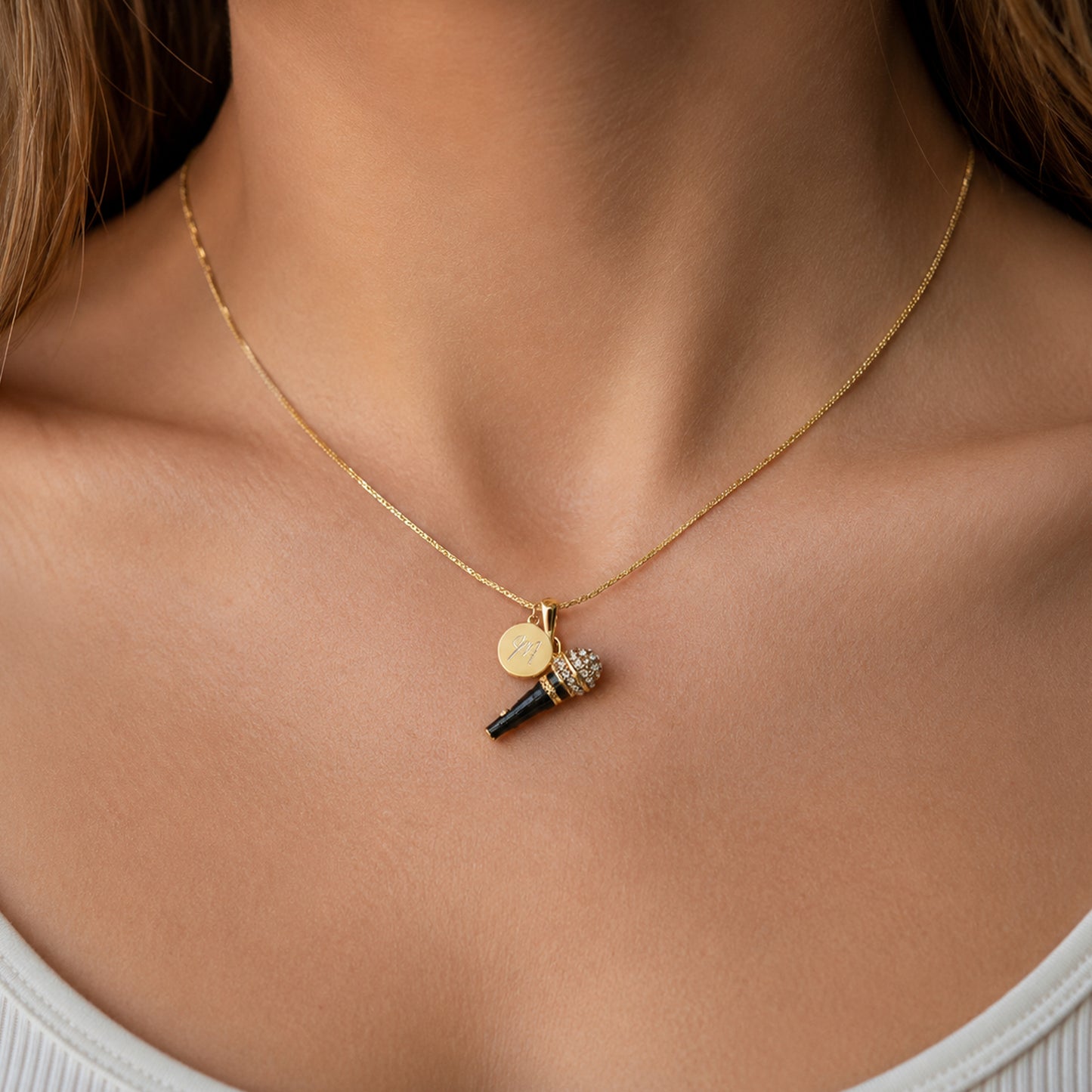 Personalized Retro Microphone Pendant & Engraved Charm Necklace