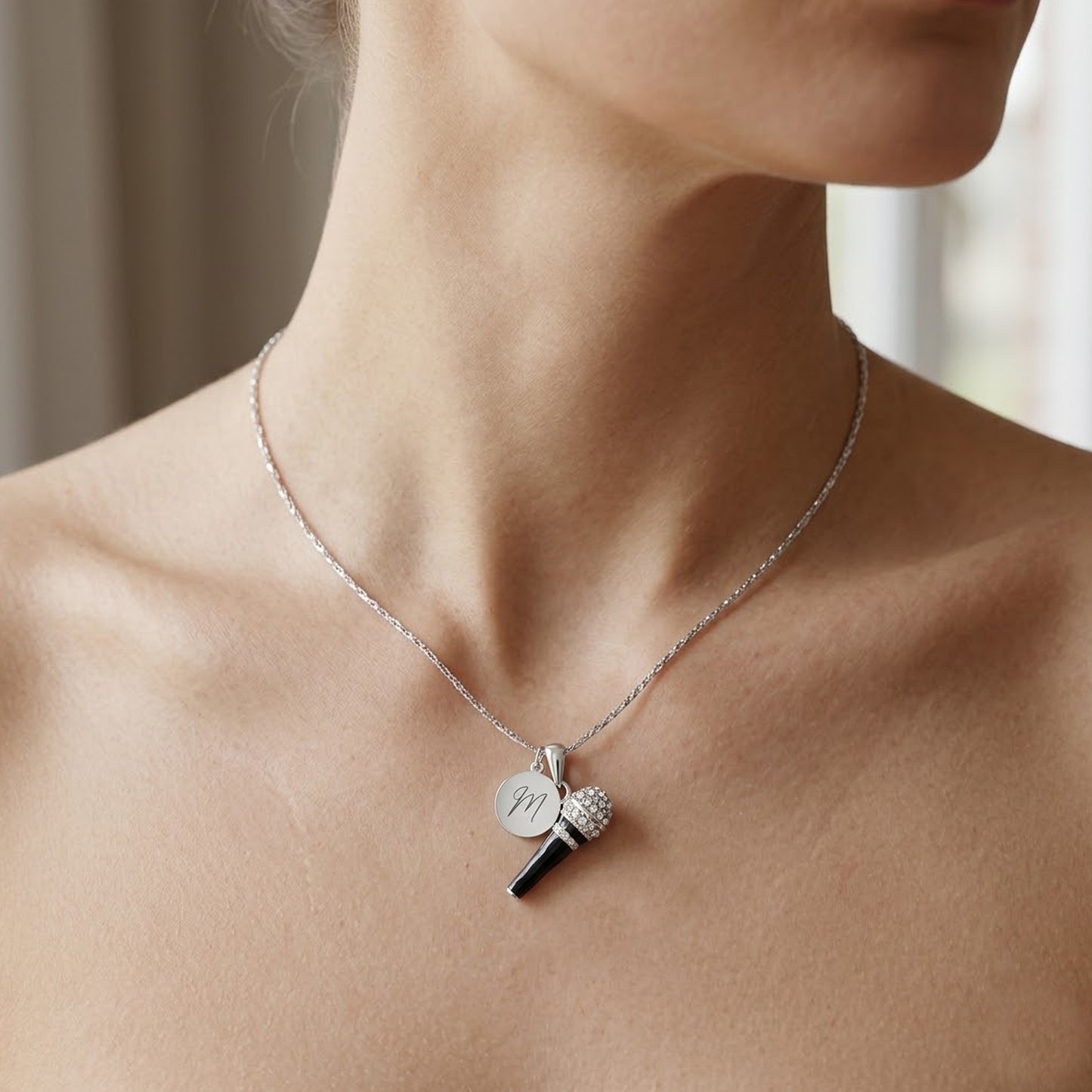 Personalized Retro Microphone Pendant & Engraved Charm Necklace
