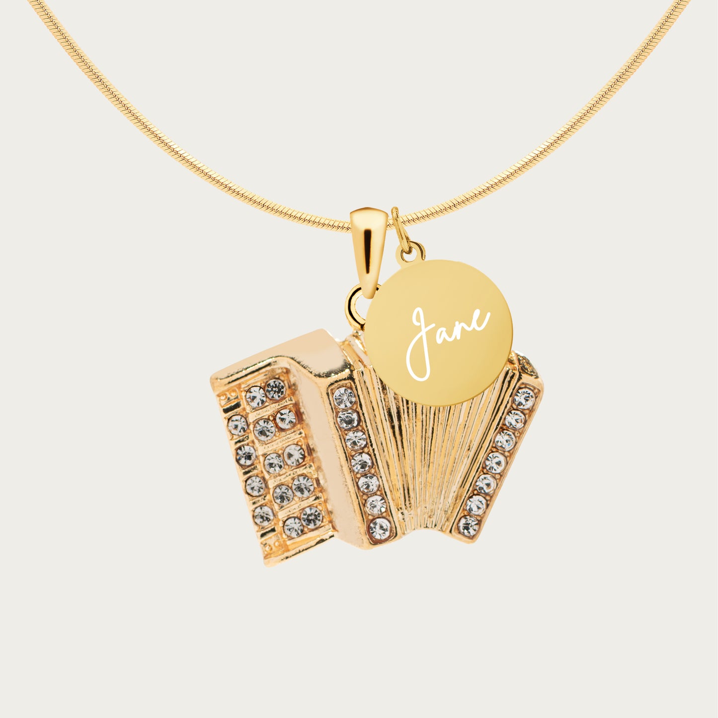 Personalized Rhinestone Accordion Pendant & Engraved Charm Necklace