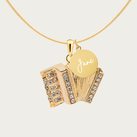 Personalized Rhinestone Accordion Pendant & Engraved Charm Necklace