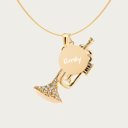Personalized Rhinestone Trumpet Pendant & Engraved Charm Necklace