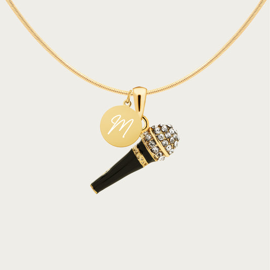 Personalized Retro Microphone Pendant & Engraved Charm Necklace