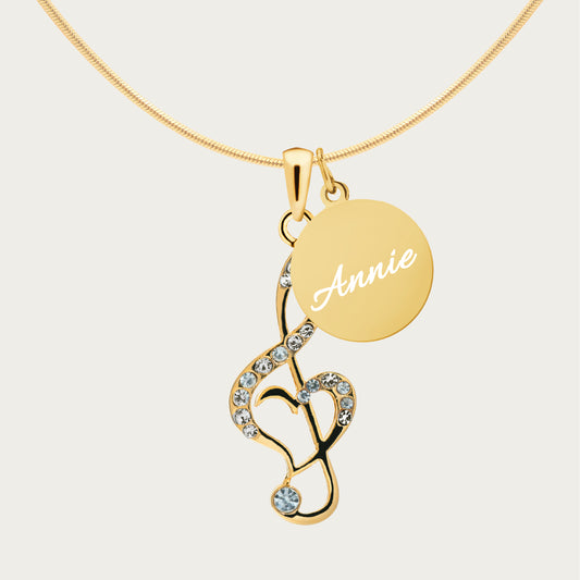 Personalized Rhinestone Music Note Clef Pendant & Engraved Charm Necklace
