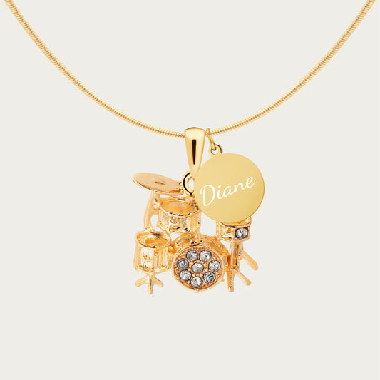 Personalized Rhinestone 3D Drum Set Pendant & Engraved Charm Necklace