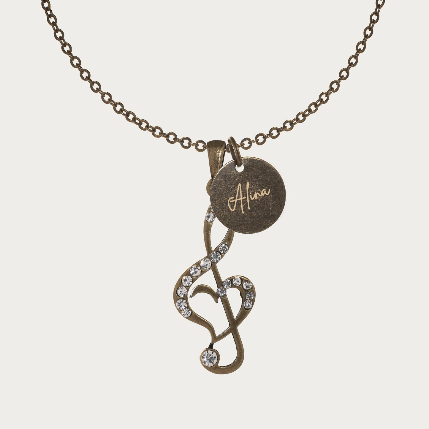 Antique Bronze Rhinestone Treble Clef Necklace with Engraved Coin