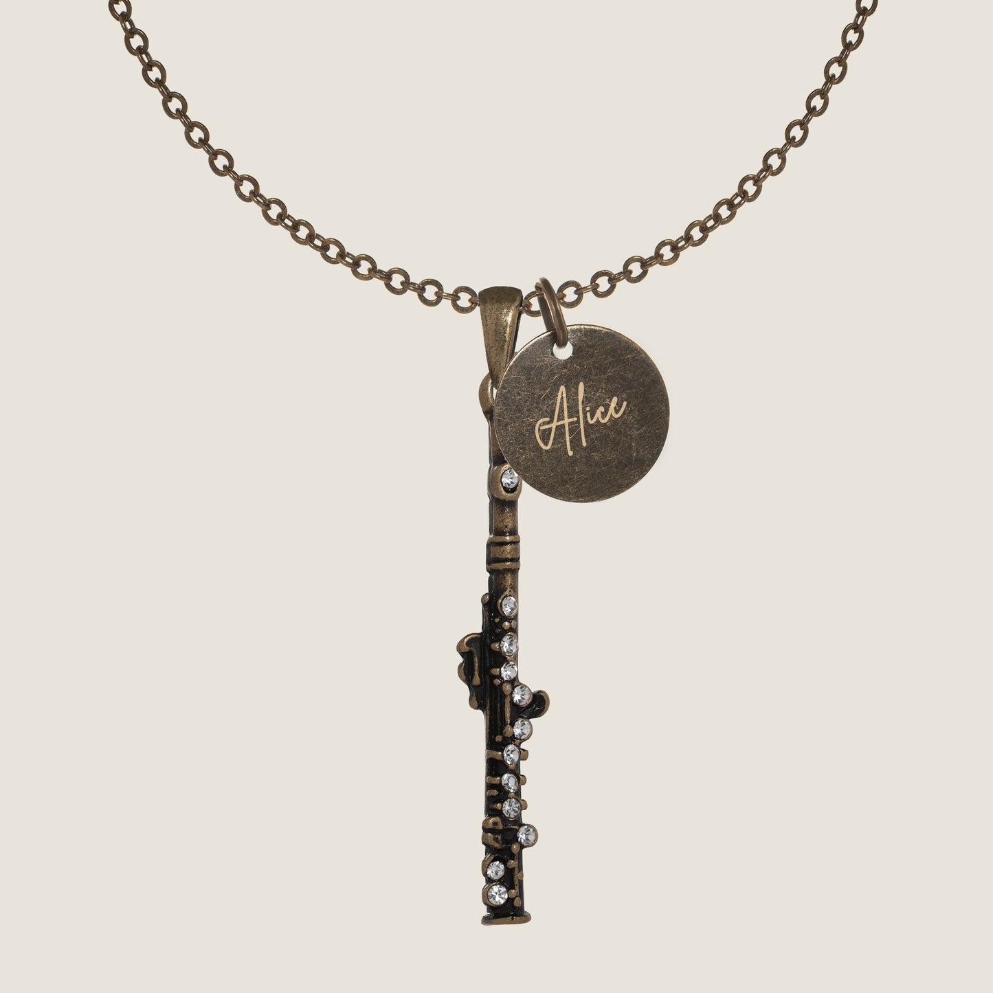 Antique Bronze Rhinestone Flute Necklace with Engraved Coin