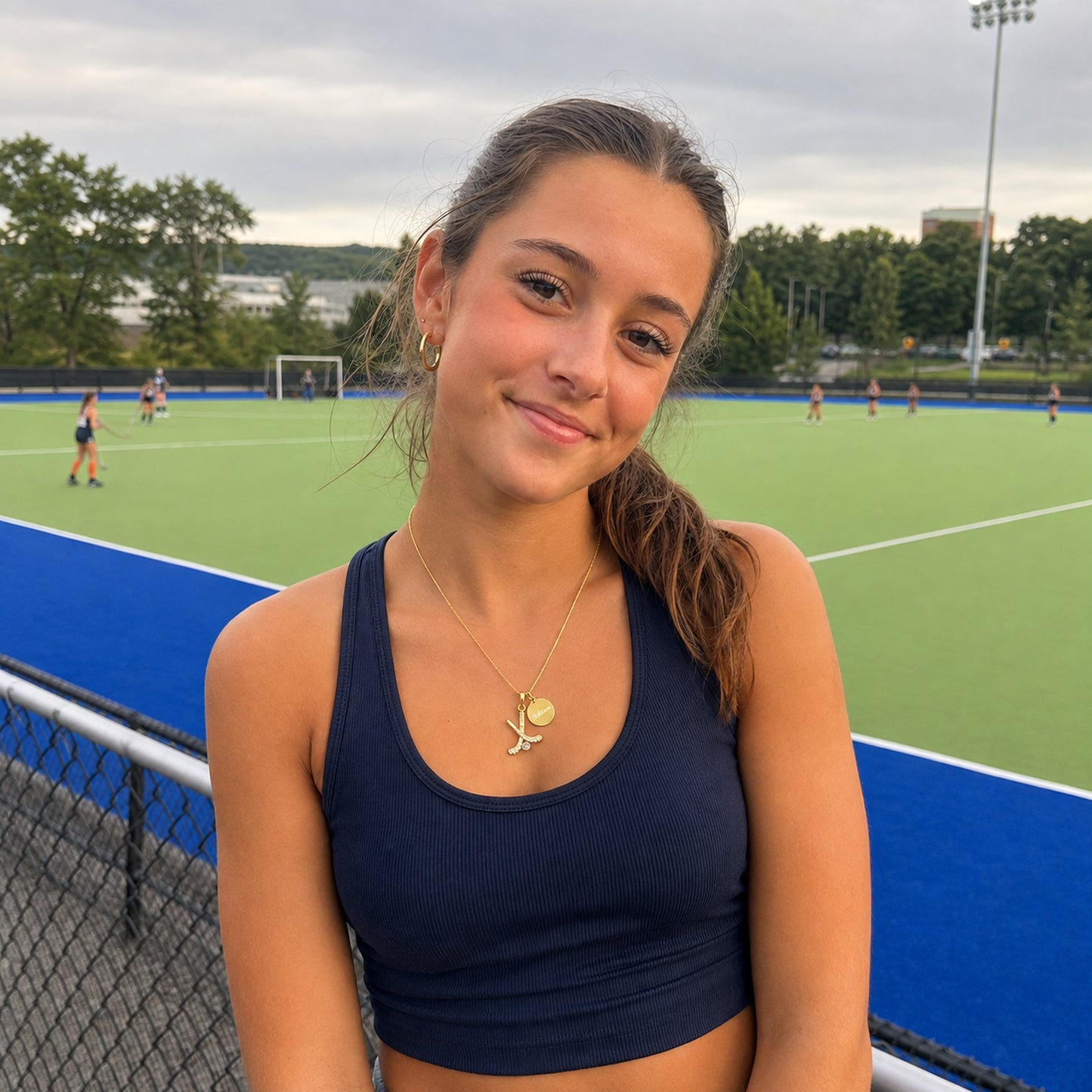 Rhinestone Field Hockey Necklace - Custom Engraved Coin